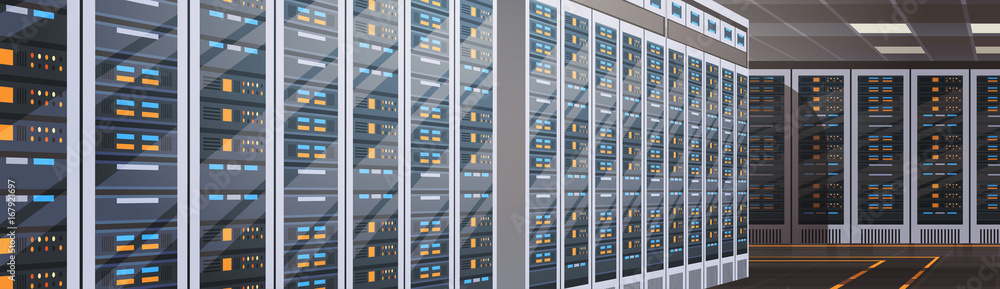 Poster Data Center Room Hosting Server Computer Information Database Synchronize Technology Flat Vector Illustration