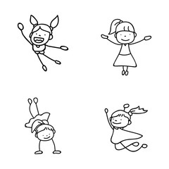 Set of hand drawing abstract happy cute girls line art