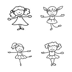 Set of hand drawing abstract happy cute girls line art