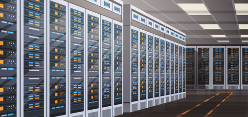 Data Center Room Hosting Server Computer Information Database Synchronize Technology Flat Vector Illustration