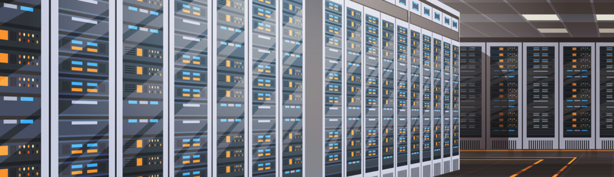 Data Center Room Hosting Server Computer Information Database Synchronize Technology Flat Vector Illustration
