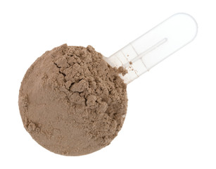 Ground plant protein in a measuring scoop top view isolated on a white background.