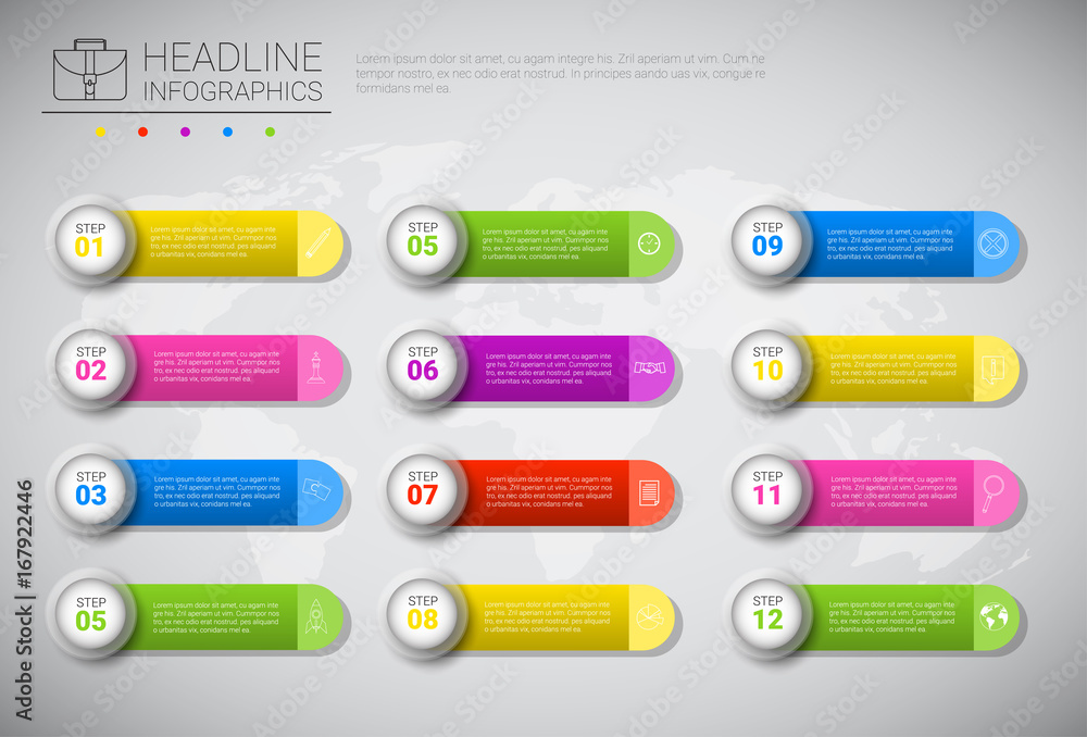 Poster headline infographic design business data graphic collection over world map presentation copy space 