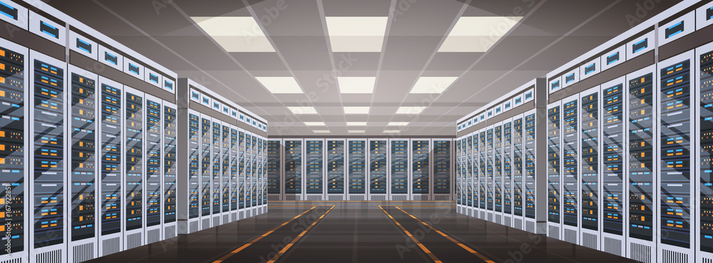 Poster Data Center Room Hosting Server Computer Information Database Synchronize Technology Flat Vector Illustration