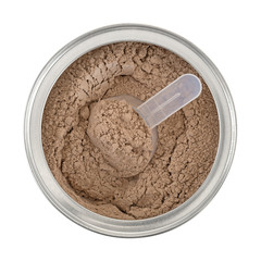 Opened can of chocolate ground plant protein with scoop top view isolated on a white background.