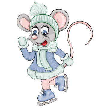 The little mouse skates. Cartoon style. Isolated image on white background. Clip art for children. 