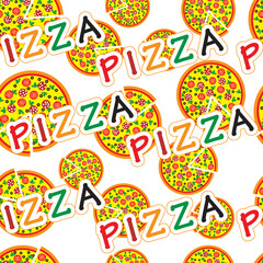 Fototapeta premium Pizza slice background pattern. Pizza, slice pizza and lettering text vector seamless pattern