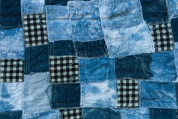 Crédence de cuisine en verre imprimé Poussière Fond et texture de patchwork de tissu, fil de vieux ton bleu de tissu pour le fond