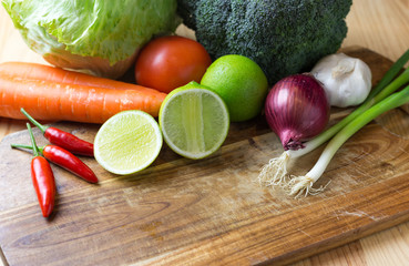 mixed fresh vegetables and ingredient on chopping board