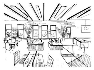Hand drawn coworking cluster. Modern office interiors, open space. workspace with computers, laptops, lighting and place for rest. Black and white horizontal vector sketch illustration.