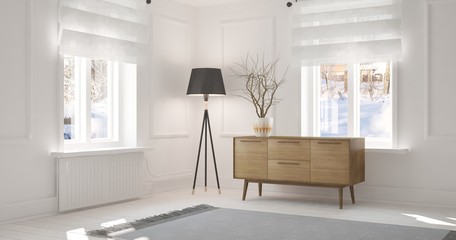 White empty room with shelf. Scandinavian interior design. 3D illustration