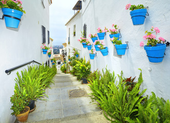 Street of Mijas with flower pots in facades. Costa del Sol. Spain. - obrazy, fototapety, plakaty