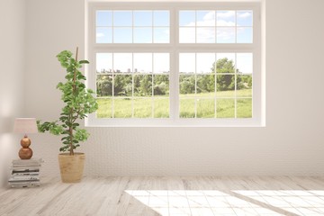 Fototapeta premium White empty room with summer landscape in window. Scandinavian interior design. 3D illustration