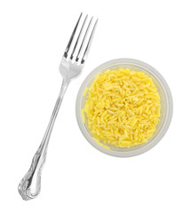 Pilau rice in a container with a fork to the side isolated on a white background.