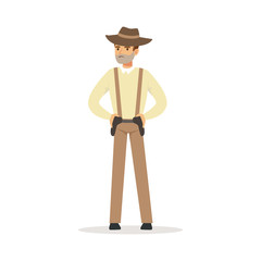 Mafia man character in brown fedora hat holding for two pistols under belt vector Illustration