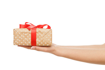 Female hand give present box, crop, cut out