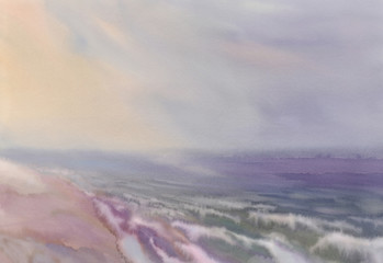 Seascape in the mist watercolor background