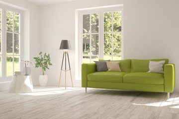 Idea of white room with sofa and summer landscape in window. Scandinavian interior design. 3D illustration