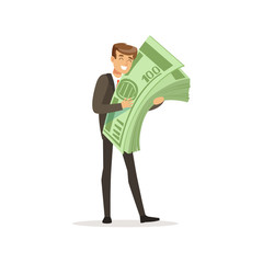 Happy rich successful businessman character holding giant money stack vector Illustration
