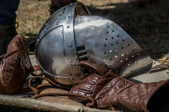 Detail of medieval helmets helms a medieval armor knight