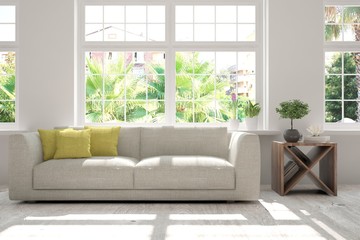 Idea of white room with sofa and summer landscape in window. Scandinavian interior design. 3D illustration