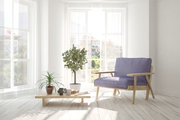 White modern room with armchair. Scandinavian interior design. 3D illustration
