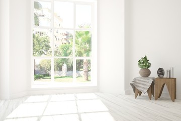 White empty room with summer landscape in window. Scandinavian interior design. 3D illustration
