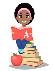 Back to school. Cute Afro-American girl holding primer and sitting on a stack of books. Pretty little schoolgirl.