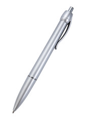 Close up of silver pen isolated on white background.Silver plastic pen isolated