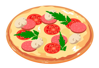 Tasty pizza with tomato, mushrooms, salami and parsley. Italian pizza icon.