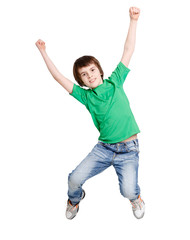 Happy laughing boy jumping on white isolated background