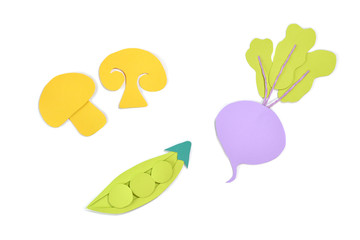 Beetroot, mushroom and pea paper cut on white background - isolated