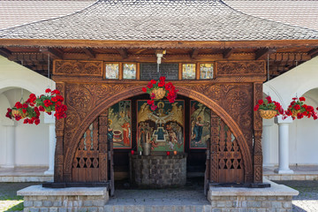 Facade detail of Brancoveanu orthodox monastery in Sambata de Sus village, Romania