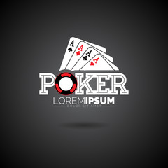 Vector Poker Logo Design Template with gambling elements.Casino illustration with ace set playing cards on dark background