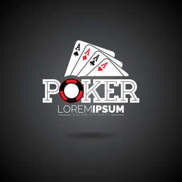 Vector Poker Logo Design Template With Gambling Elements.Casino Illustration With Ace Set Playing Cards On Dark Background