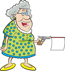 Cartoon illustration of an old lady shooting a gun with a message.