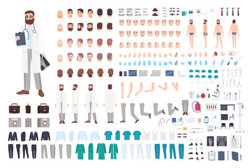 Doctor character constructor. Male doctor creation set. Different postures, hairstyle, face, legs, hands, accessories, clothes collection. Vector cartoon illustration. Guy, front, side, back view.