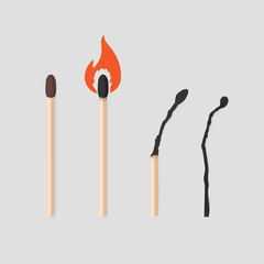 Burning match stages set. Matchstick with sulfur, burning and burned. Colorful flat vector illustration collection.