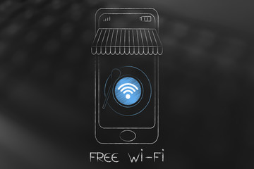 wifi symbol into coffee cup icon in smartphone screen with shop awnings