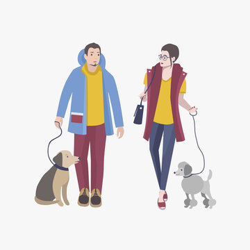 Young guy and girl walking with dogs, Colorful flat vector illustration