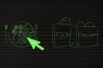recipe with computer cursor on it next to food order bags