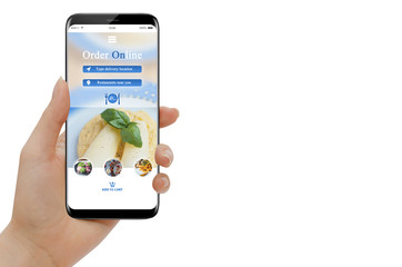 Female hand holding phone and ordering vegetarian food. Isolated on white background. Online food ordering concept