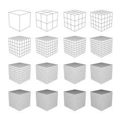Wireframe Mesh Cube in Differenr Resolution. Connection Structure. Digital Data Visualization Concept. Vector Illustration.