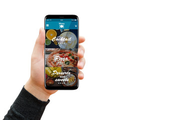 Man hand holding phone with food and drinks online ordering app, isolated on white background