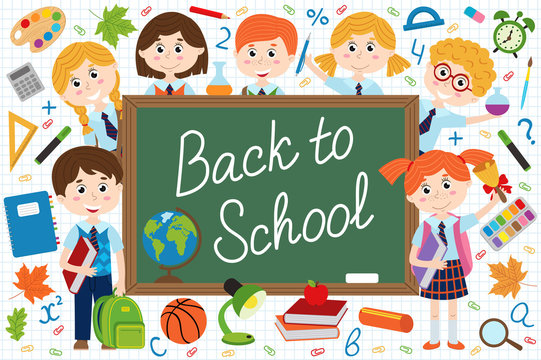 back to school blackboard with schoolchild and school supplies  - vector illustration, eps
