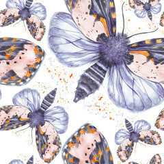 Painted drawing watercolor shaggy butterfly teddy bear seamless background, bright coloring, thick torso, night butterfly on white background with splashes in serene tones, for decor, prints