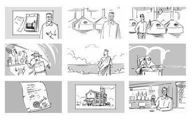 Set collection beer factory process Vector sketch for storyboard, projects, cartoons