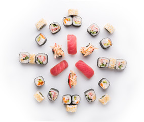 Sushi set for big party. Japanese food on white background