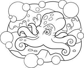 Cartoon funny octopus lies on the bottom of the sea