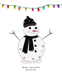 Snowman with colorful light bulb. Christmas and happy new year greeting card